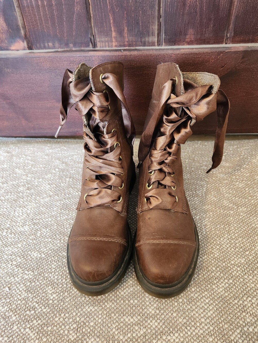 Dr Martens Aimilita W Sz 8 Brown Leather Fold Down Herringbone Tweed Lined Boots - Picture 4 of 8
